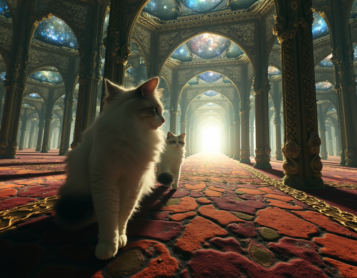 Cat navigates a maze where every surface is a magic-infused mirror, reflecting surreal visions and shifting illusions. Soft, colorful light accentuates each step, turning the labyrinth into a glittering puzzle filled with wonder and mystery.